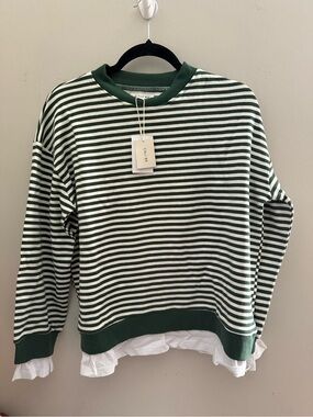 Cali Be Green & White Striped Crewneck Sweater with Layered Hem